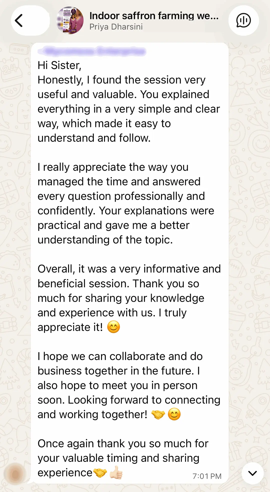 WhatsApp feedback from attendees of her previous webinar (1 of 5)