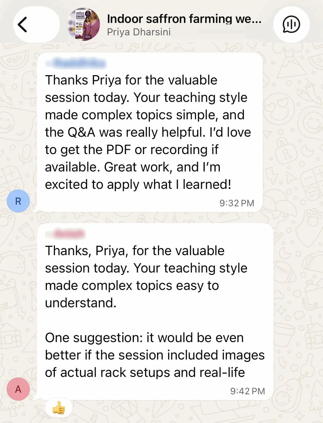 WhatsApp feedback from attendees of her previous webinar (4 of 5)