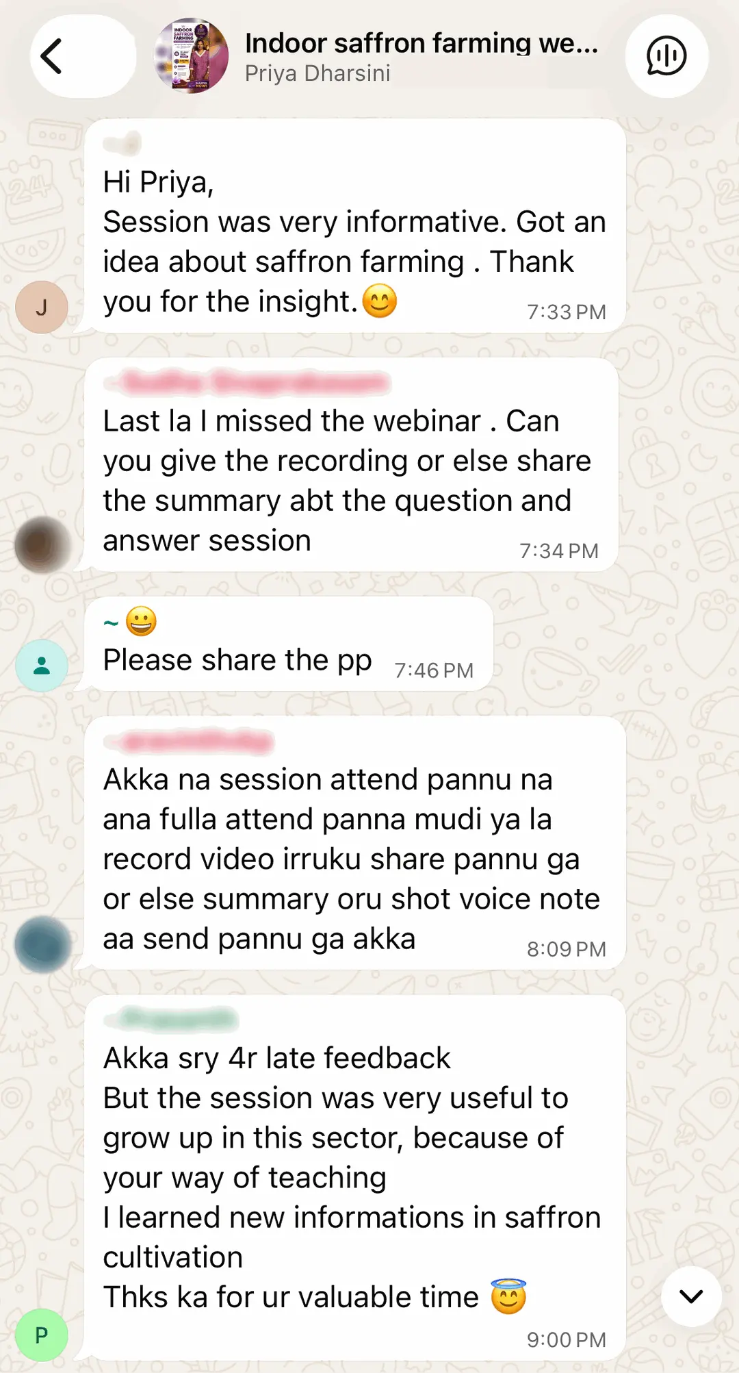 WhatsApp feedback from attendees of her previous webinar (5 of 5)